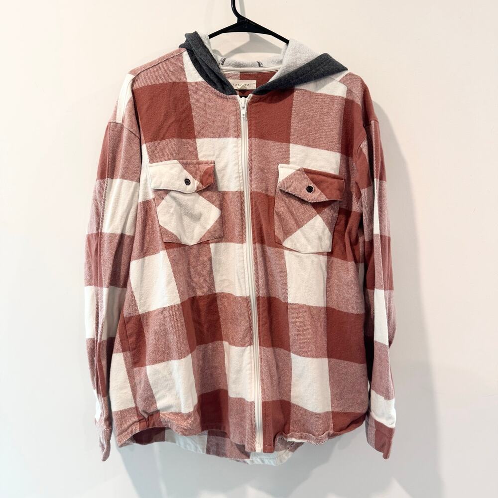 Womens Shacket Checkered Mauve Cream Hooded Womens Large